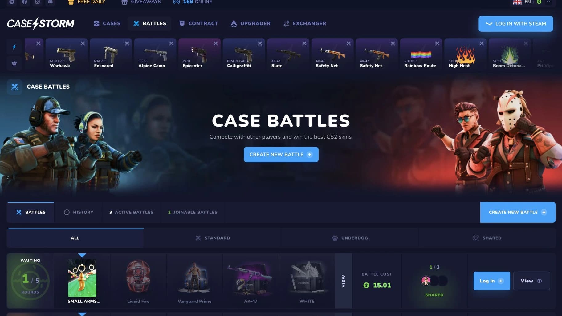 CaseStorm case battles page with battle navigation and create battle controls