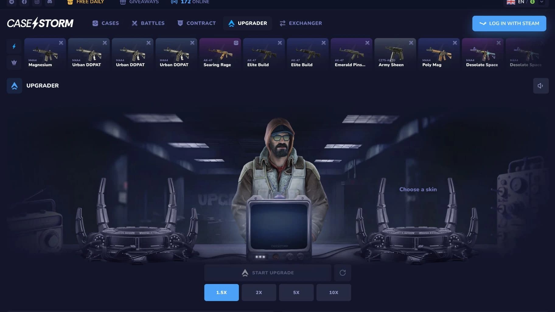 CaseStorm item upgrader interface with its character and item selection scene