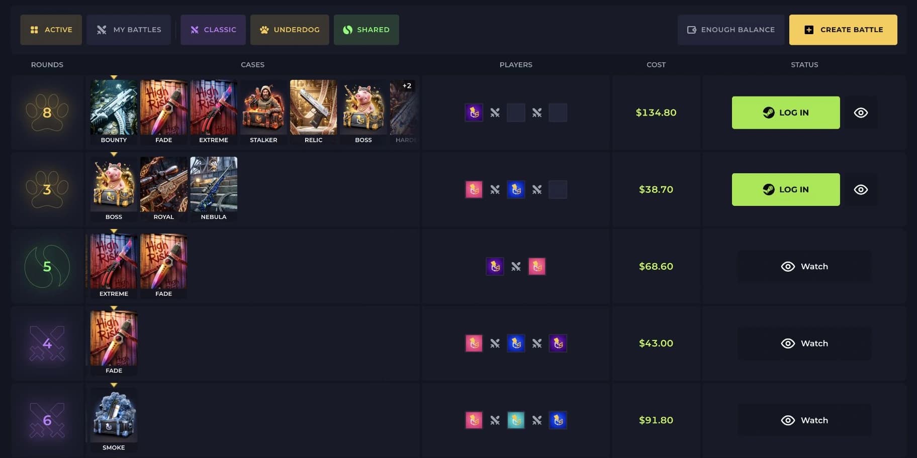CSCASES.GG battle lobby showing battle formats and available case battles