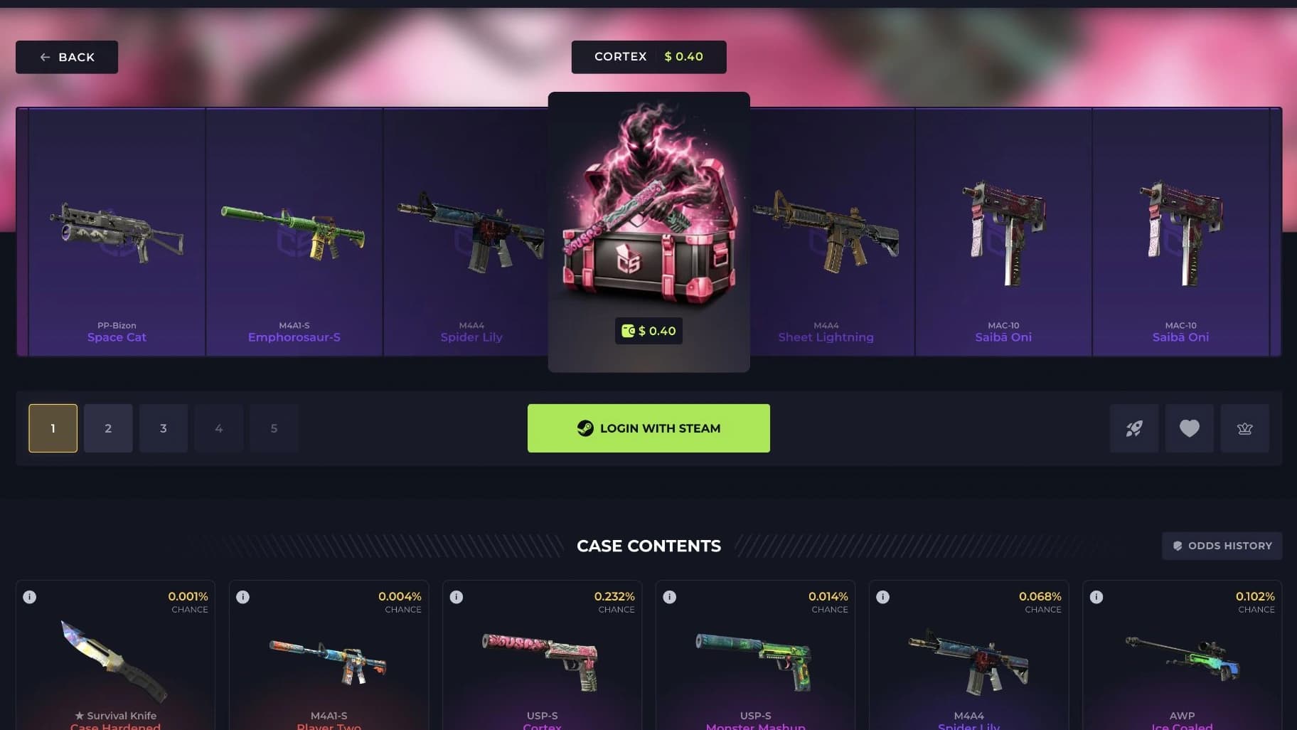 CSCASES.GG Cortex case detail with a roulette preview and the available item catalogue