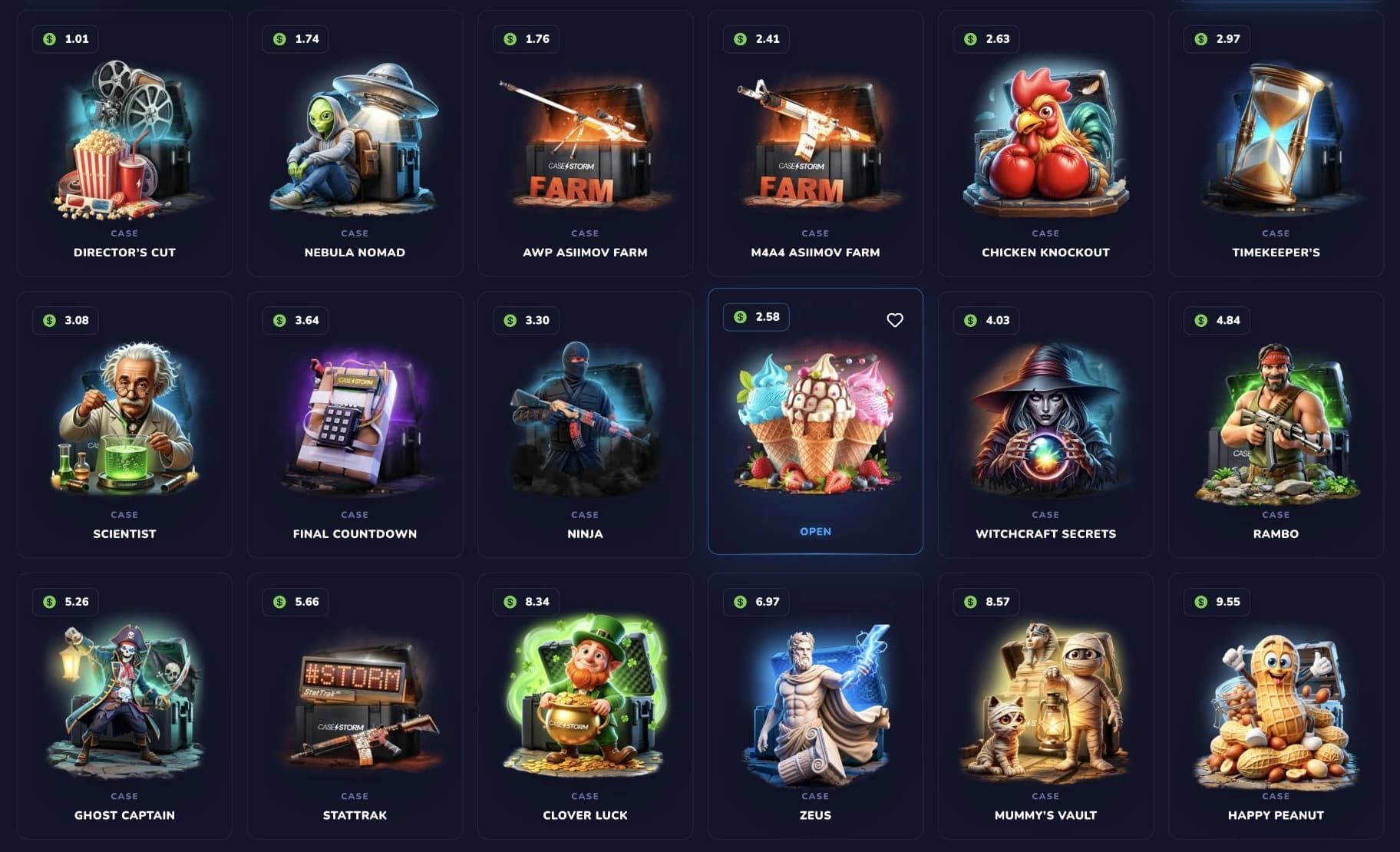 CaseStorm case catalogue with case artwork, categories and prices