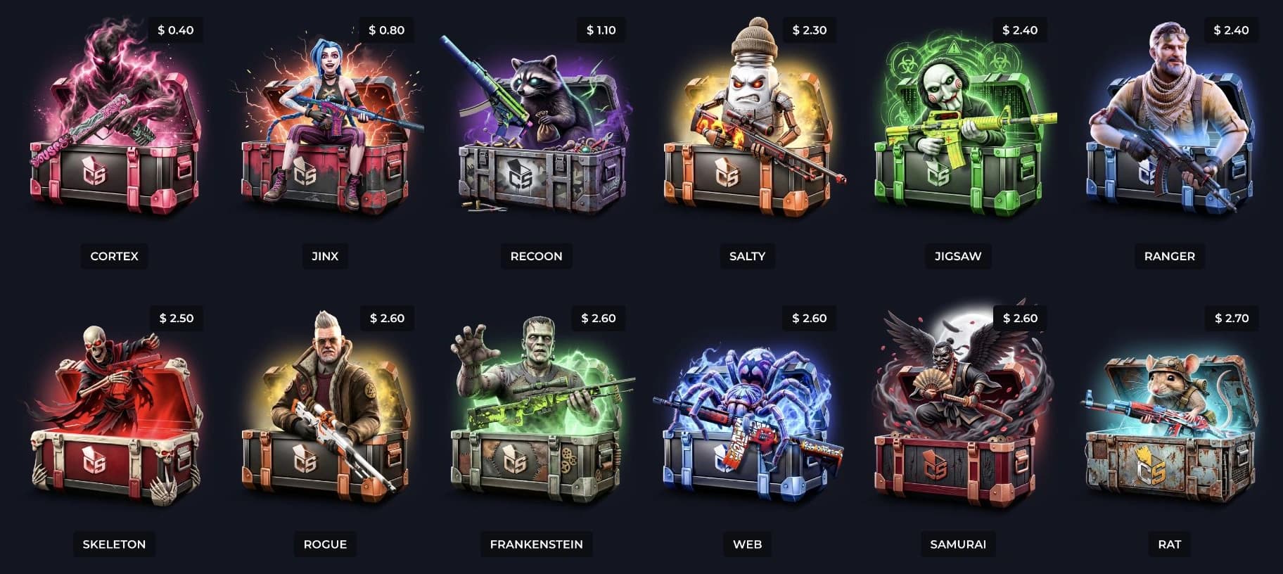 CSCASES.GG case catalogue with case artwork, categories and prices